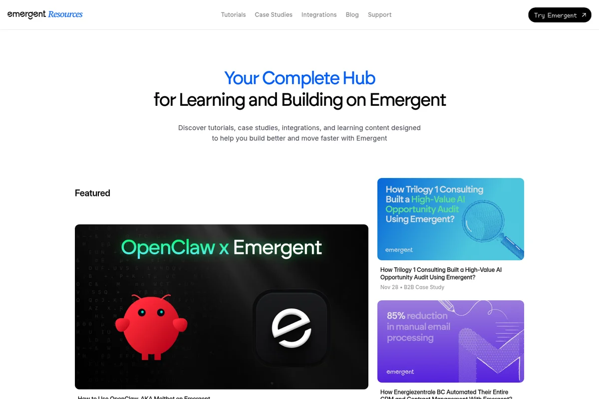 Emergent Resources page featuring OpenClaw integration graphic and AI opportunity audit case study.
