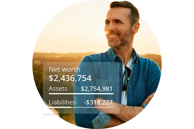 Empower landing hero showing personal financial net worth, assets, and liabilities against an optimistic outdoor scene.