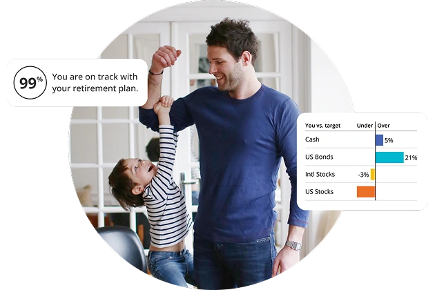 Empower financial snapshot showing 99% retirement plan progress and asset allocation compared to target.
