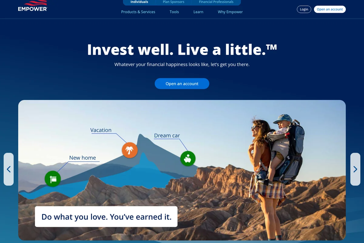 Empower landing hero showing a family's financial goals visualized over an inspiring scenic photograph with modern graphic overlays.