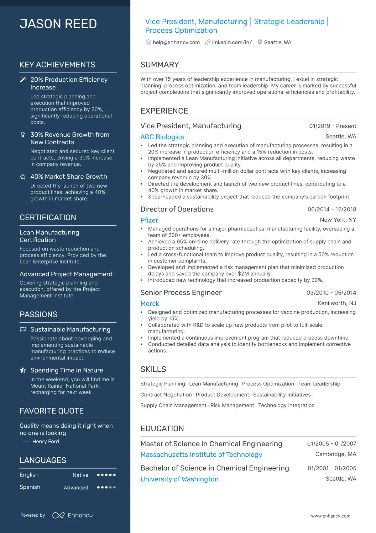 Enhancv resume output showing Jason Reed's professional resume with a modern two-column layout and clean aesthetic.