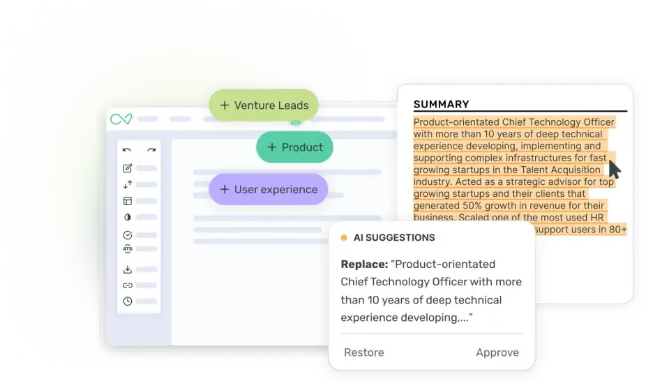 Enhancv workspace showing AI suggestions for optimizing a resume summary in a clean, light-themed interface.