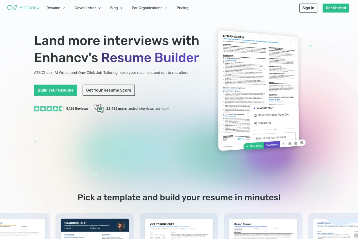 Enhancv landing page hero showing a professional resume being built with an AI assistant feature in a clean, modern interface.