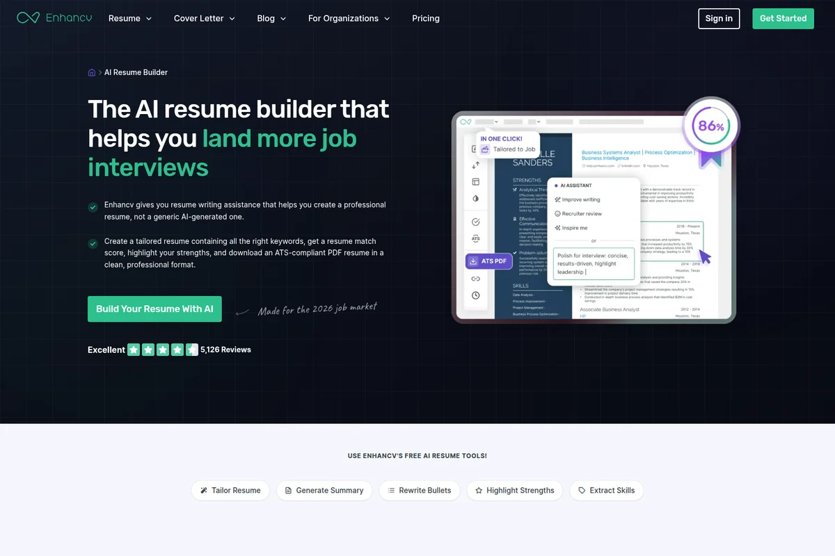 Enhancv AI resume builder showing AI assistant providing suggestions to tailor a resume for job interviews with a modern dark theme.