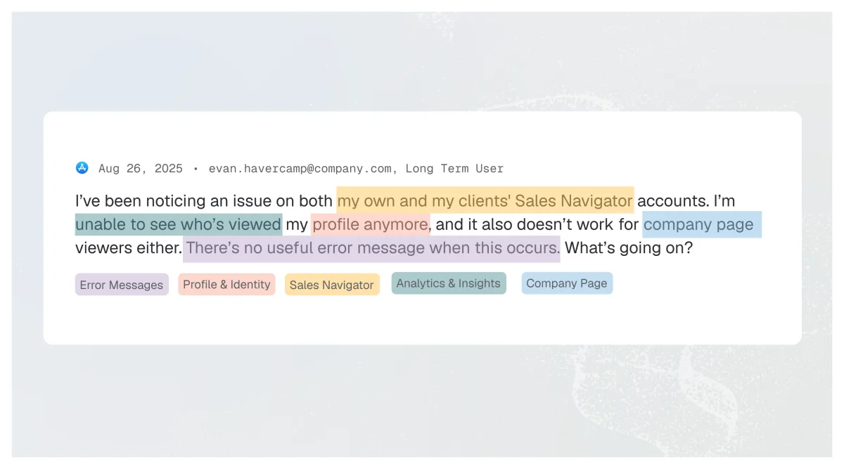 Enterpret user feedback display showing a customer's issue with profile and company page viewers, highlighted for analysis and tagged for categorization.