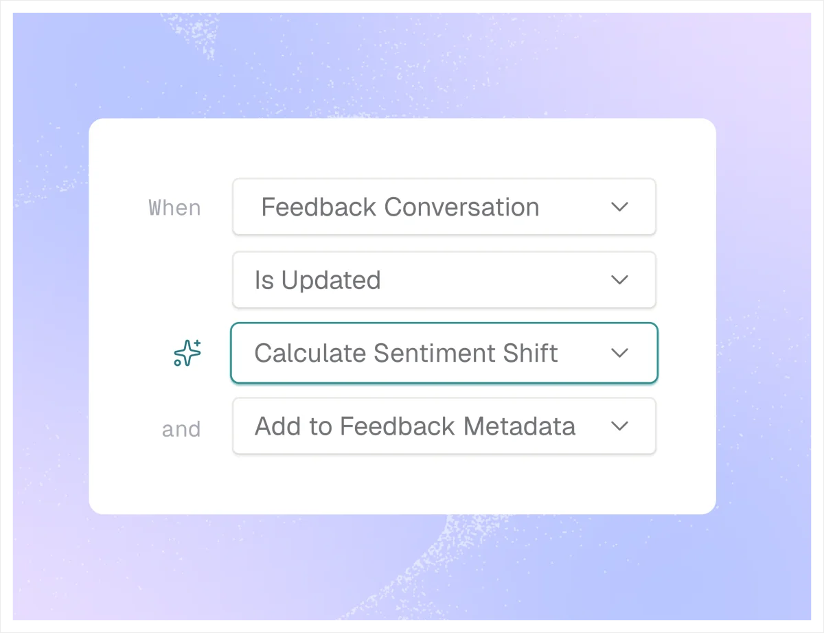 Enterpret automation builder showing 'Calculate Sentiment Shift' action highlighted in a clean light interface.