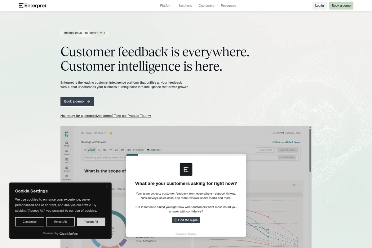 Enterpret homepage showing a customer intelligence dashboard, significantly obstructed by a cookie settings panel and a feature pop-up.