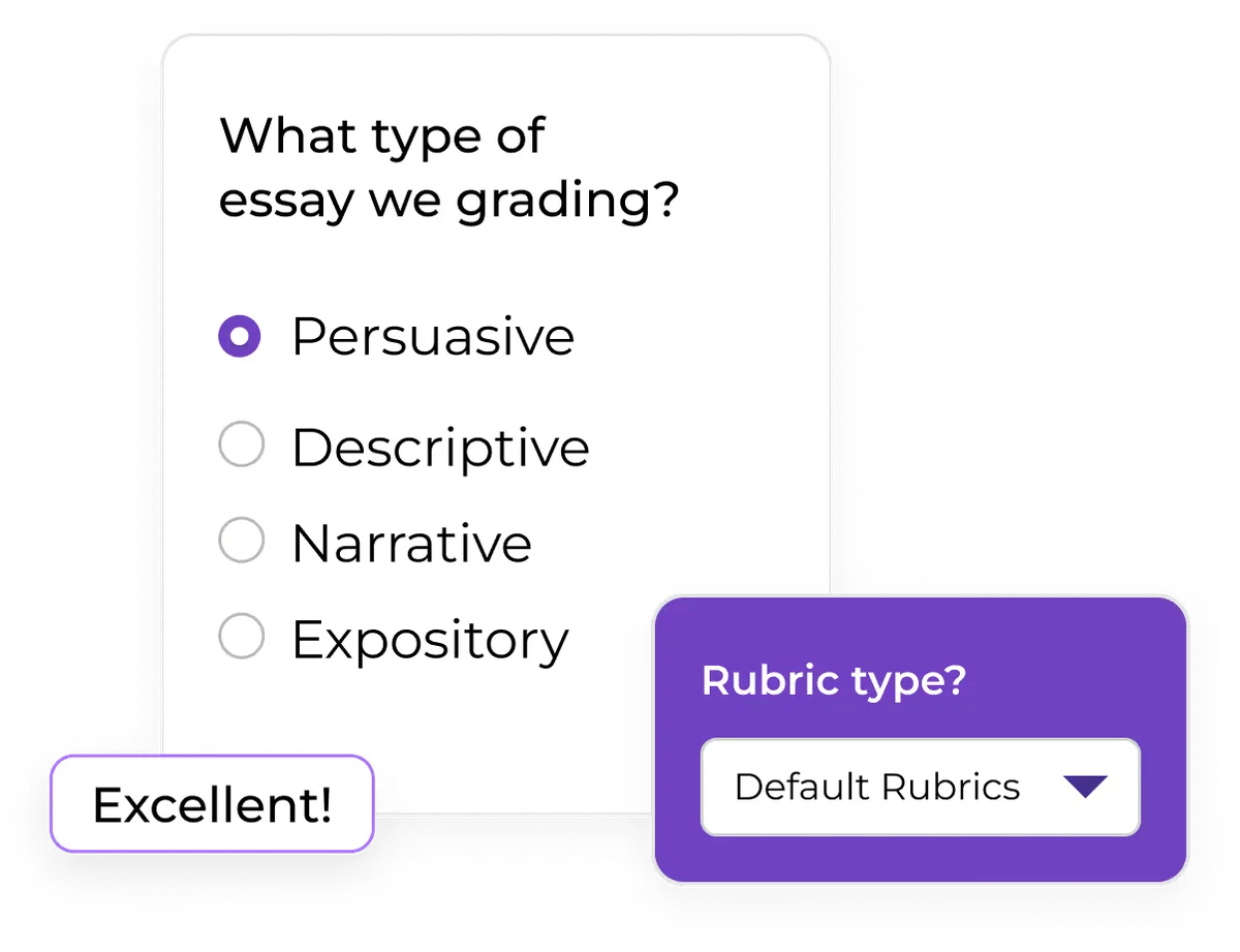 Essaygrader workspace showing essay type and rubric selection with a clean, modern interface.