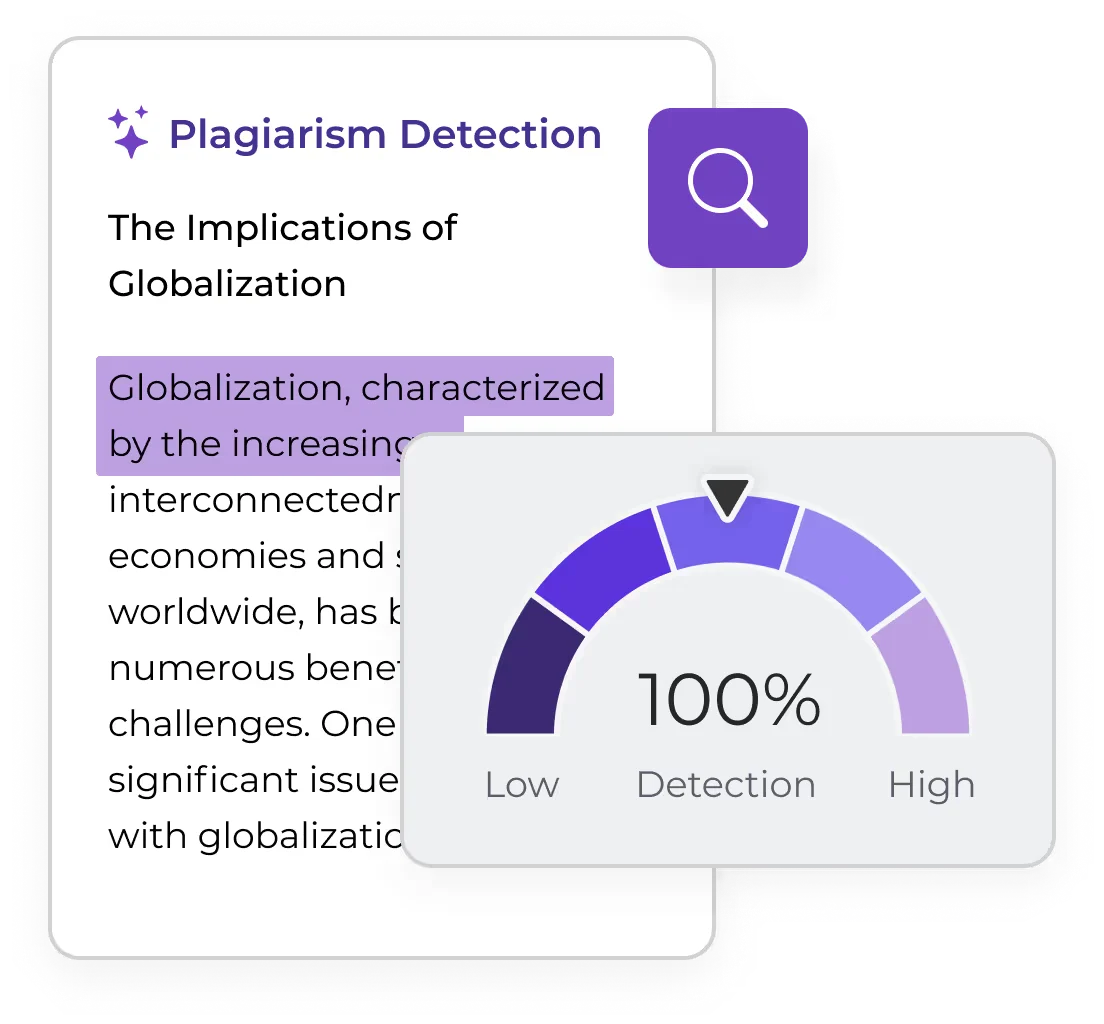 Essaygrader plagiarism detection showing highlighted text and 100% match, with a sleek document editor and results gauge.
