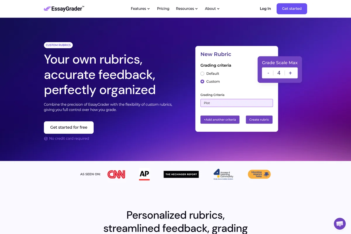 EssayGrader custom rubrics creator showing a user defining grading criteria in a modal interface with a vibrant purple background.