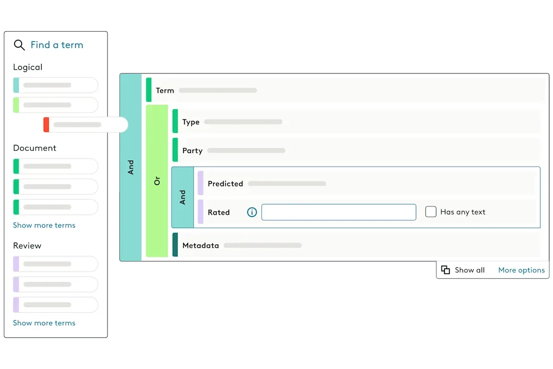 Everlaw advanced filter builder showing complex logical search conditions with a clean, modern interface.