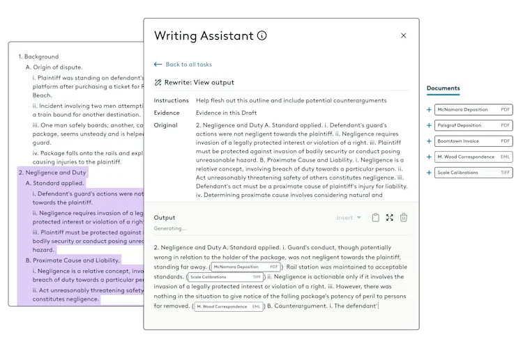 Everlaw Writing Assistant showing AI-powered legal document rewrite with embedded evidence references in a clean interface.