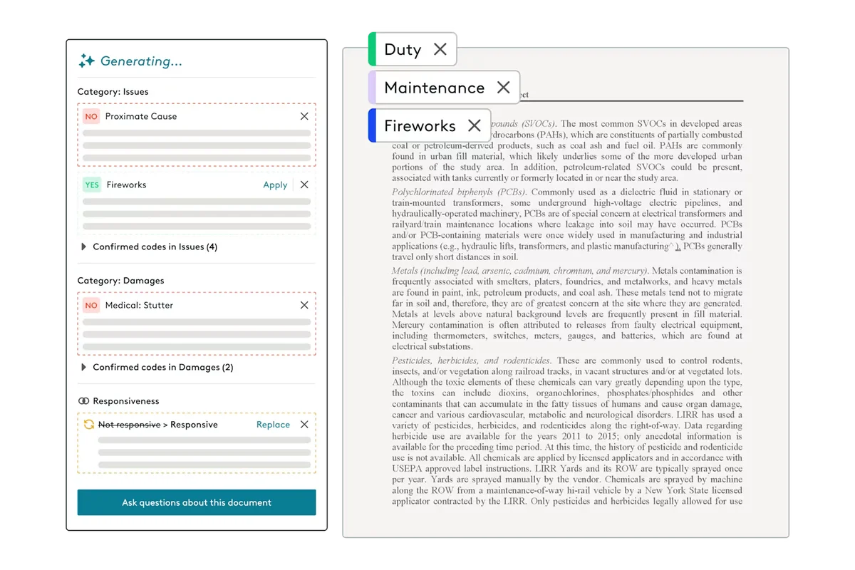 Everlaw document analysis UI showing AI-assisted coding of issues and damages with a clean multi-panel interface.