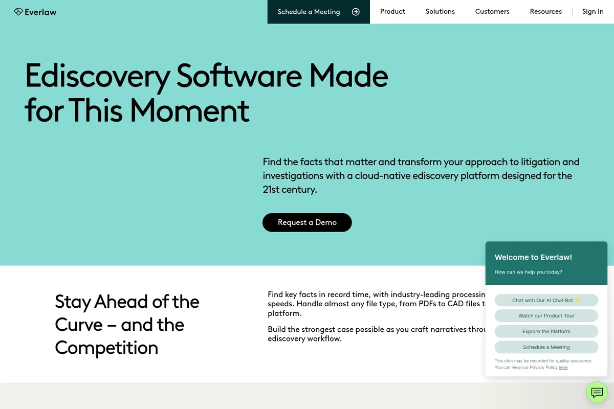 Everlaw landing page showing the ediscovery software value proposition with a clean, modern design.