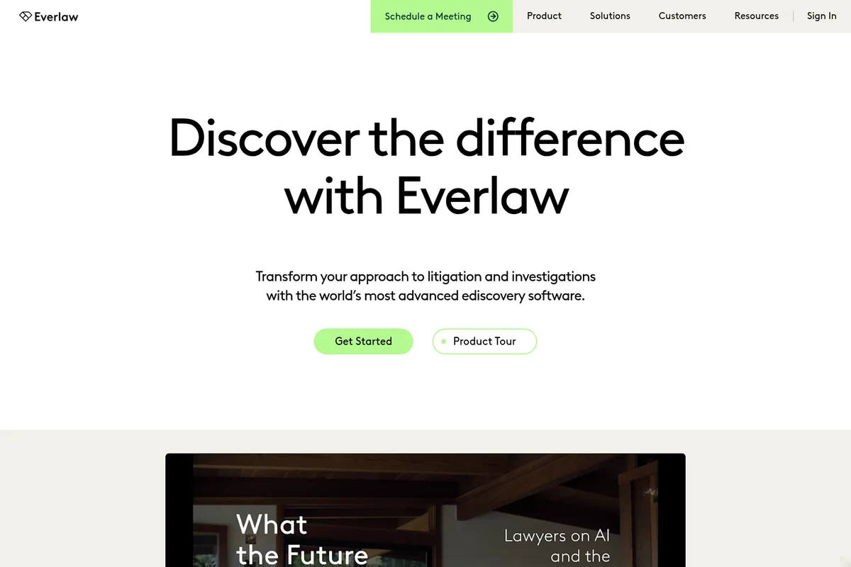 Everlaw homepage hero section presenting the main value proposition for advanced ediscovery software with calls to action.