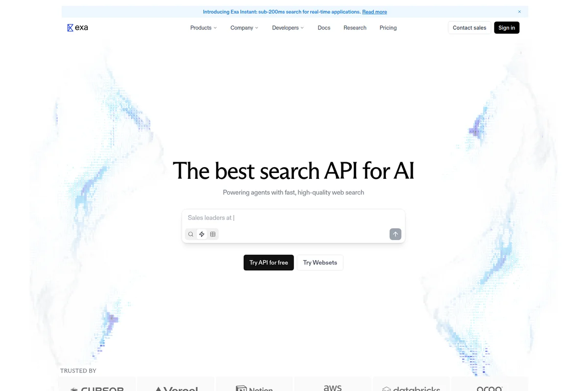 Exa AI homepage displaying the core search API input field for AI agents with a prompt 'Sales leaders at |' and a clean, modern design.