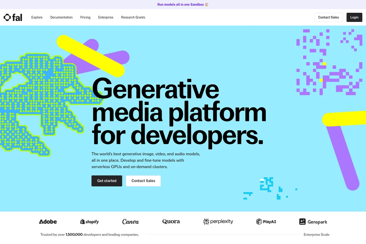 fal homepage hero section showcasing its generative media platform for developers with vibrant abstract graphics.