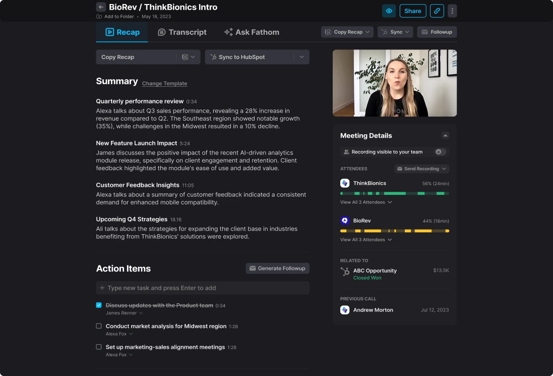 Fathom meeting recap workspace showing AI-generated summary, action items, and video playback with a dark-mode interface.