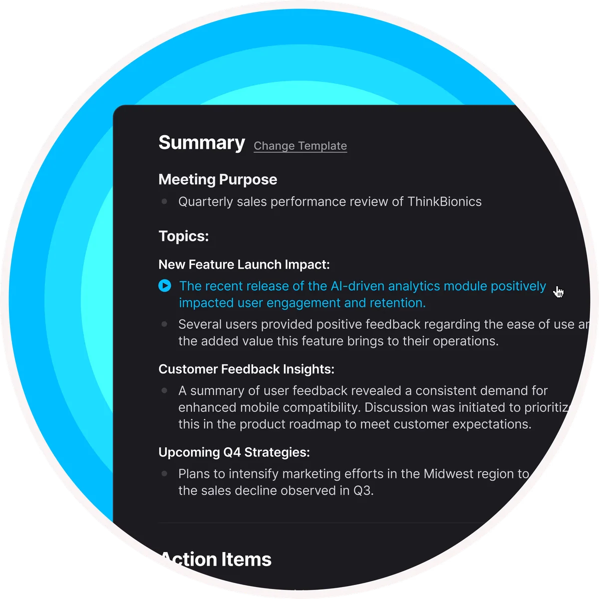 fathom meeting summary UI showing AI analytics impact on user engagement and retention with a dark-mode interface.