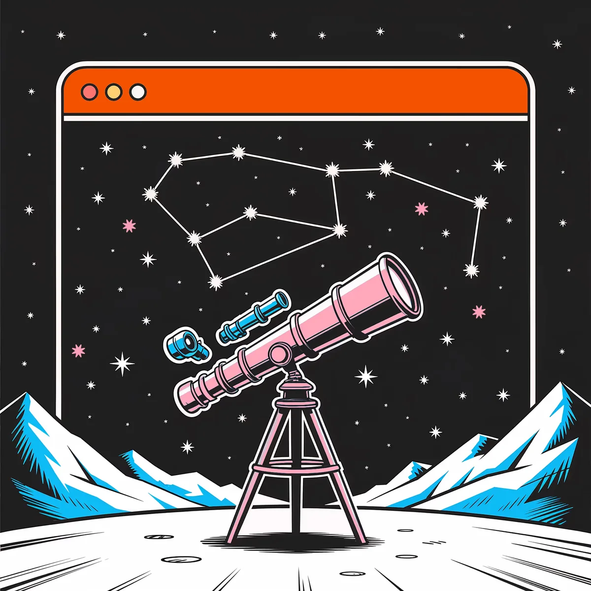 Fathom brand illustration showing telescopes on a moonscape observing a starry night sky in a bold, illustrative style.