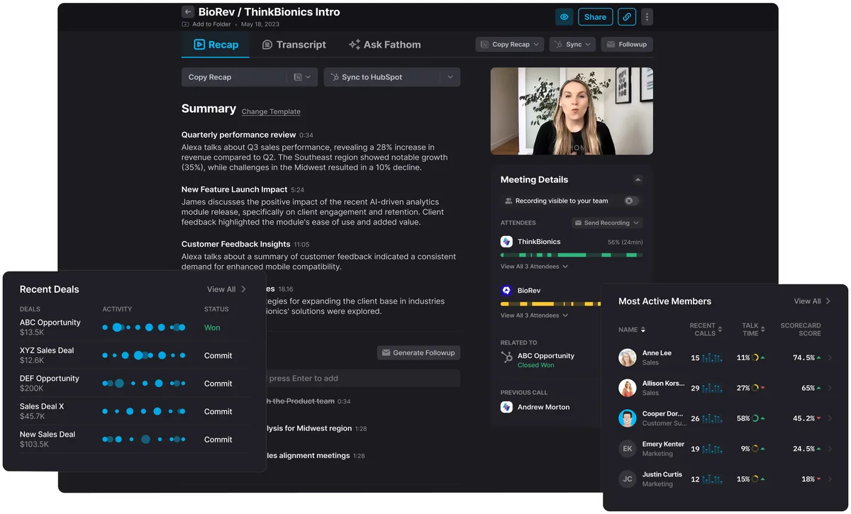 Fathom meeting recap workspace showing a video recording, summary, and analytics widgets with a dark mode interface.