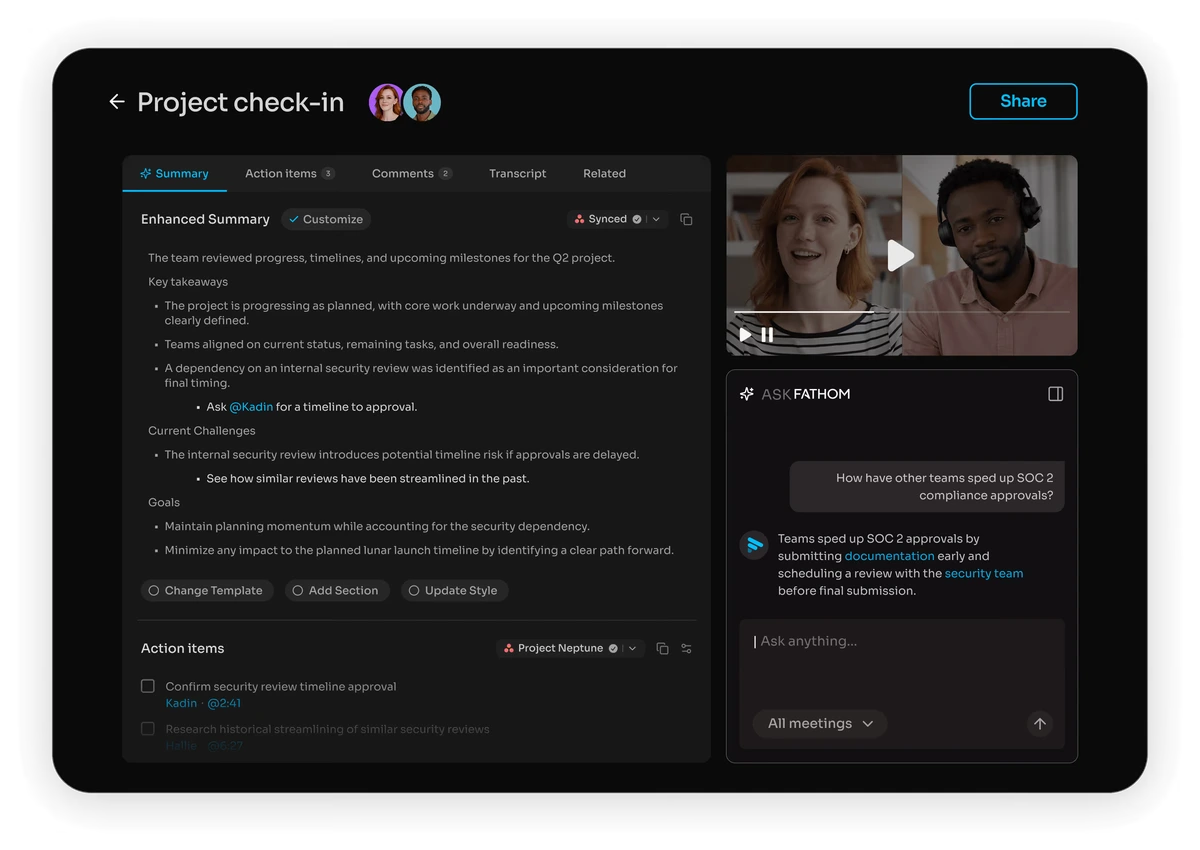 Fathom AI meeting workspace showing a project check-in summary, video playback, and AI assistant chat in a dark-mode interface.
