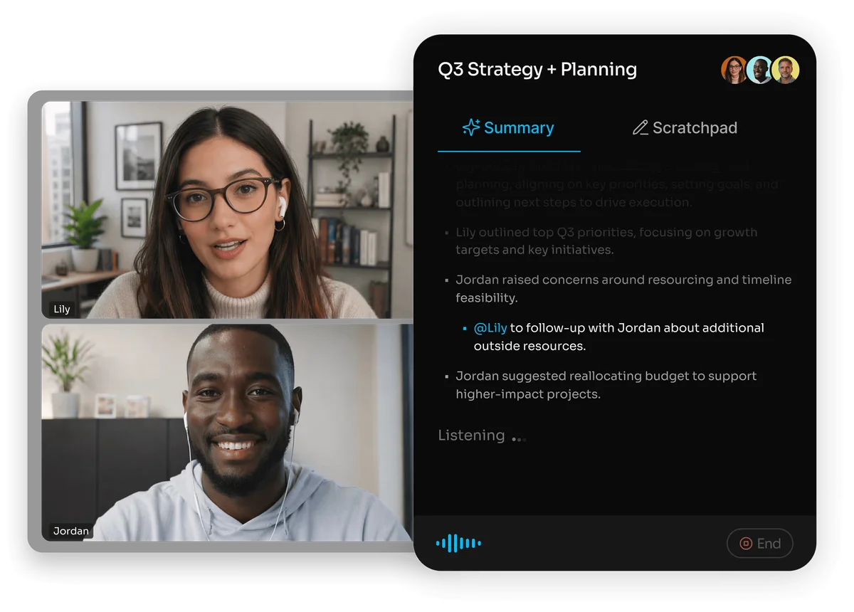 Fathom workspace UI displaying a live meeting summary, participants, and action items in a sleek dark-mode interface.