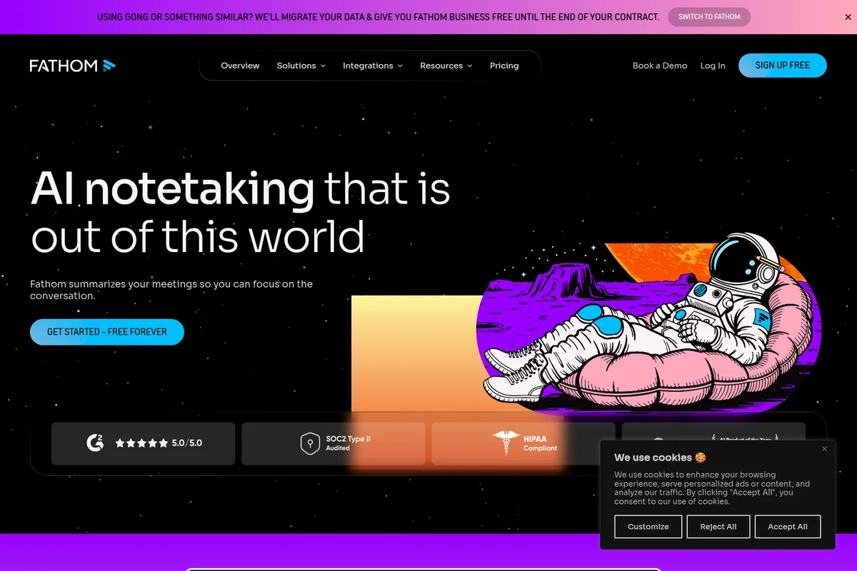 Fathom landing page hero showing an astronaut relaxing in space, highlighting AI notetaking with a cosmic dark theme.