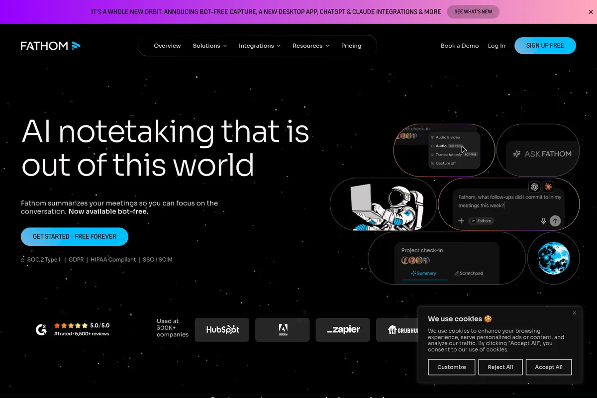 Fathom AI notetaking homepage showing meeting summaries & bot-free capture options in a dark, space-themed interface.