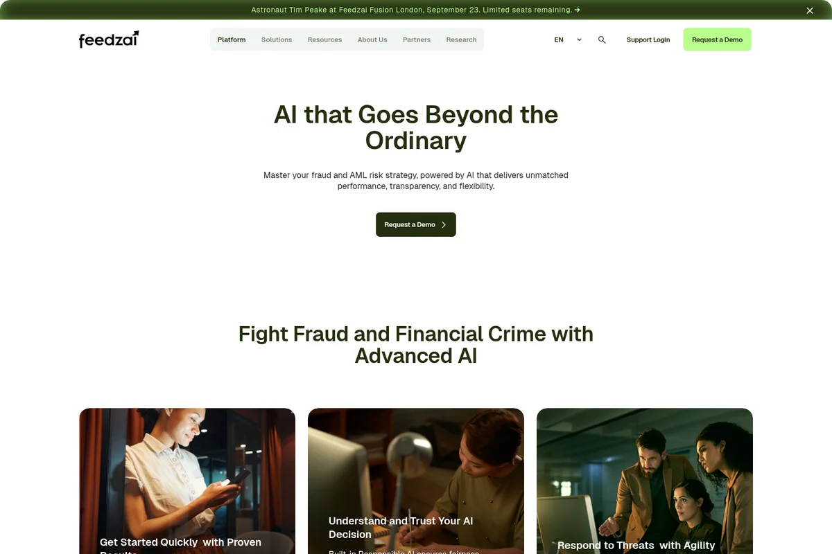 Feedzai landing page showcasing AI for fraud and financial crime with a clean, professional interface and feature cards.