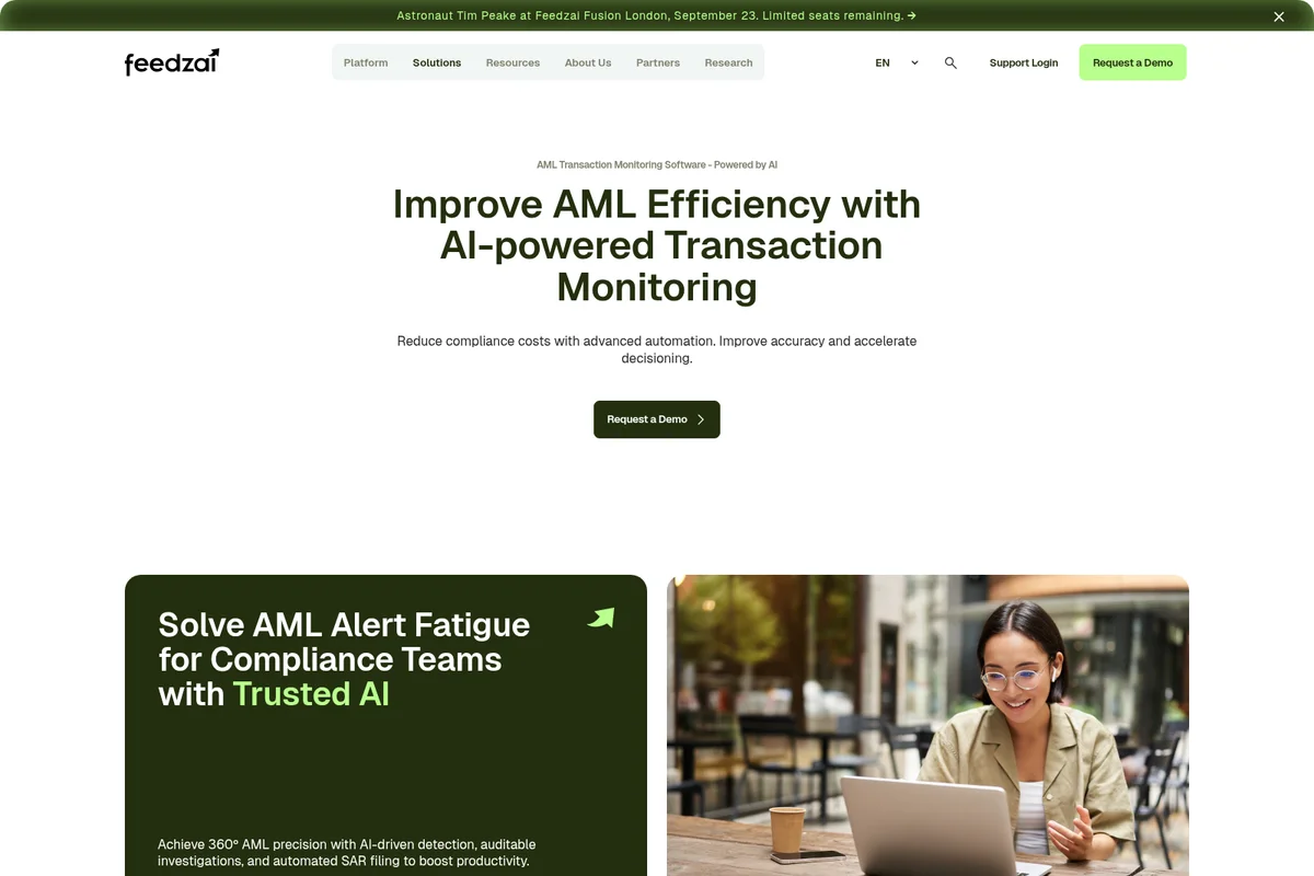 Feedzai AML Transaction Monitoring page promoting AI-powered efficiency and solving alert fatigue with a clean, modern design featuring a professional user.