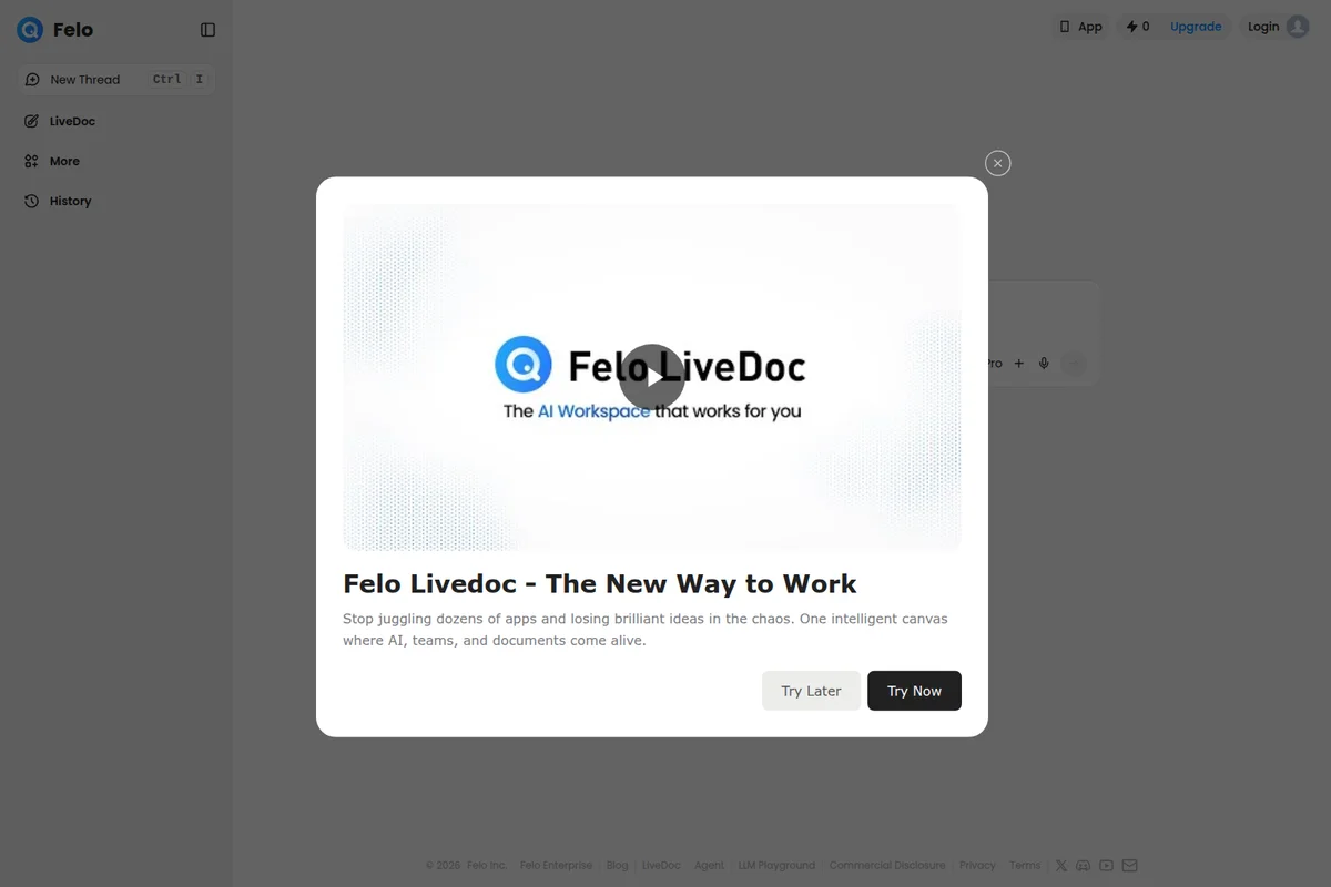 Felo LiveDoc modal showing an introductory video thumbnail and a tagline 'The AI Workspace that works for you' with a clean, modern interface.