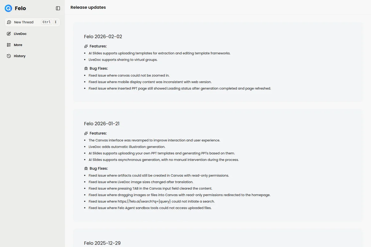 Felo release updates page displaying new features and bug fixes for various product versions in a clean, minimalist interface.