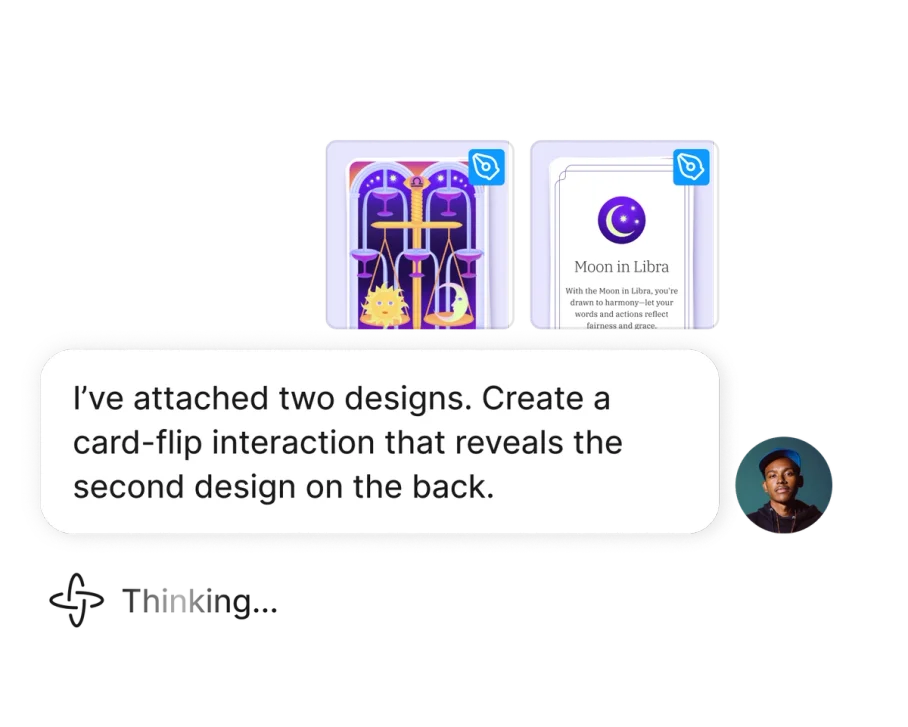 Figma workspace showing two astrological card designs and a user's instruction for a card-flip interaction.