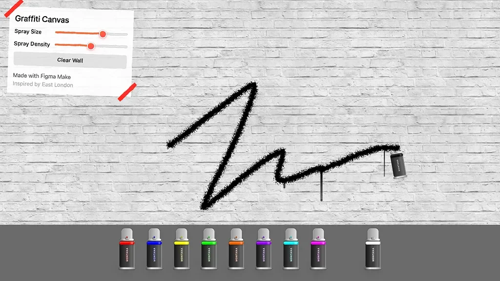 Figma Make Graffiti Canvas workspace showing digital graffiti being created on a white brick wall with adjustable spray tools.