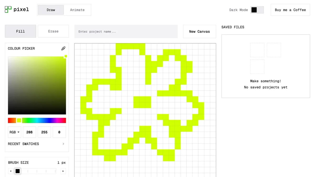 Pixel art editor workspace showing a green pixelated flower on the drawing canvas with color picker and brush size controls in a clean light theme.