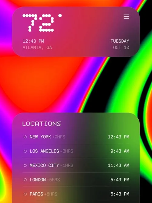 Figma UI design showcasing a weather and world clock widget with a glassmorphism style and vibrant background.
