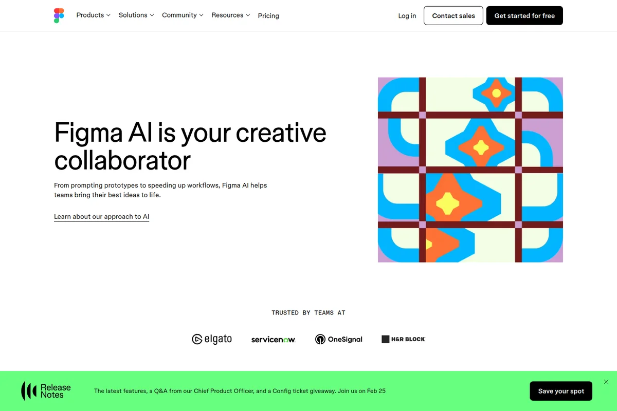 Figma AI landing page showcasing its creative collaboration capabilities with a modern abstract graphic and clear call to action.