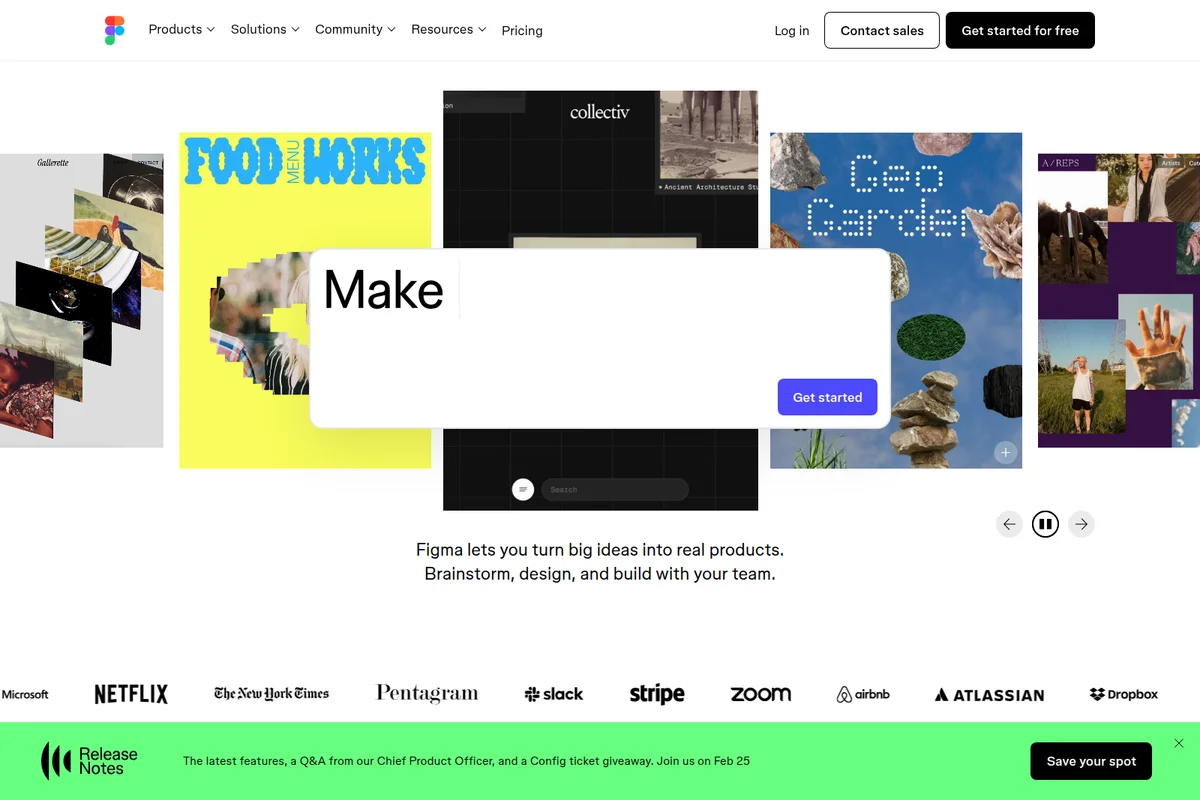 Figma homepage hero section with a collage of various design projects, partially obscured by a 'Make' pop-up with a 'Get started' button.