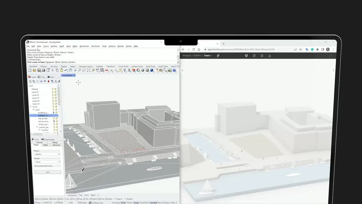 Finch3D workspace showing a 3D urban design model in a web viewer alongside its Rhino 7 integration.