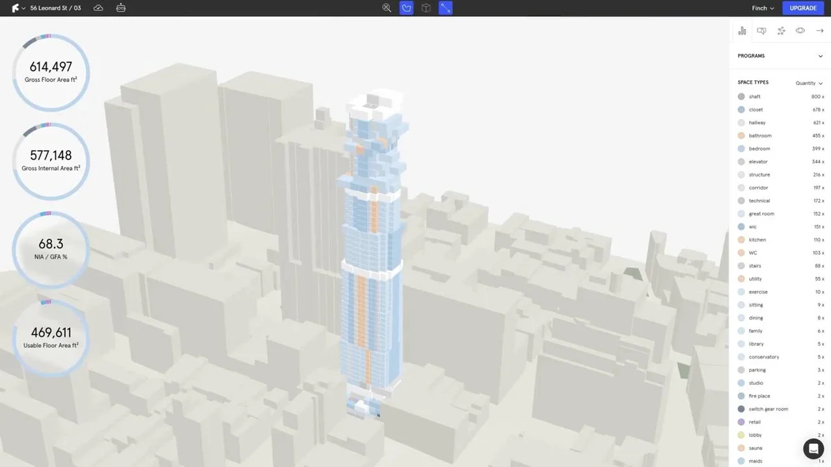 Finch3D workspace showing a 3D building model with gross floor area metrics and space type quantities in a clean light theme.