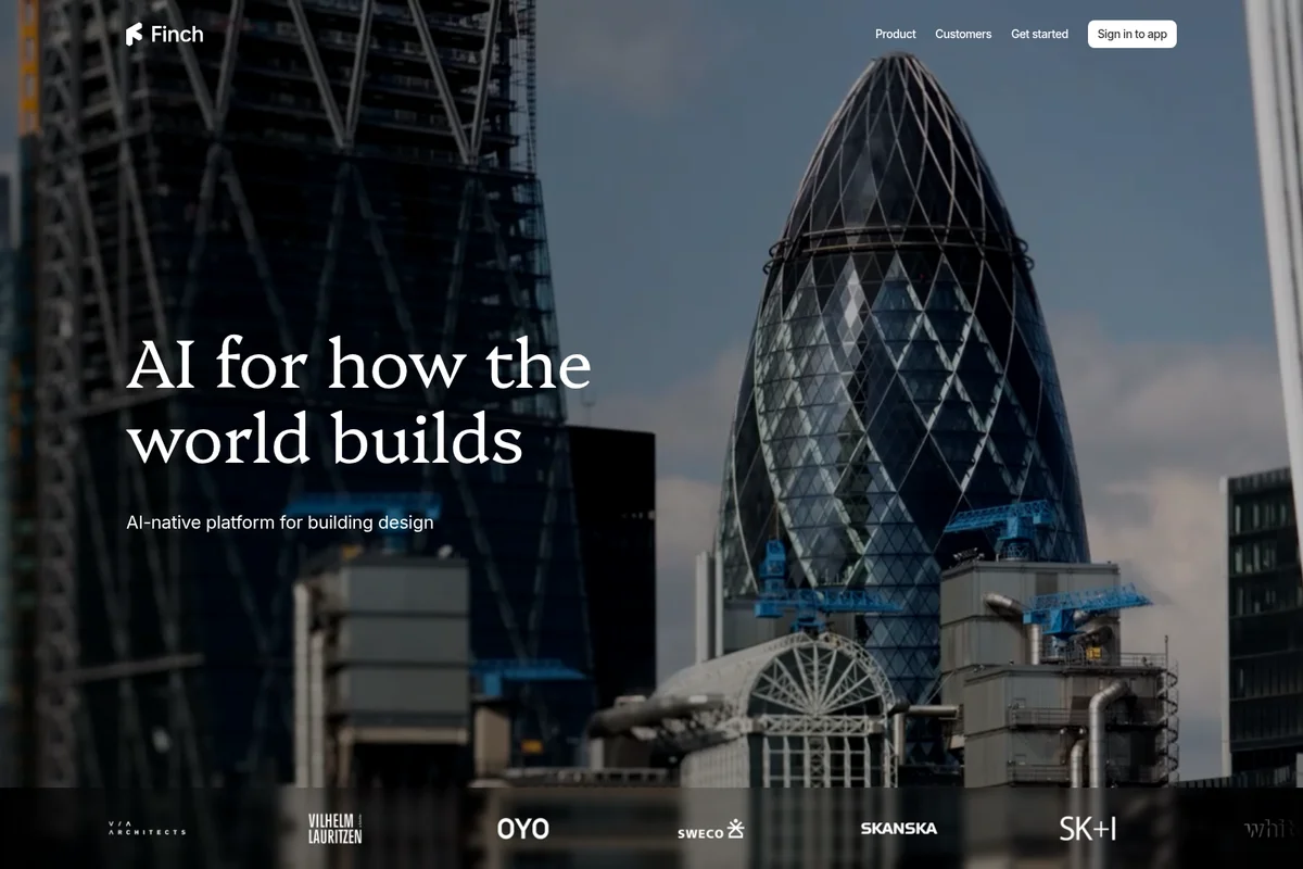 Finch platform landing hero showcasing AI for building design with a modern city skyline and clear navigation.