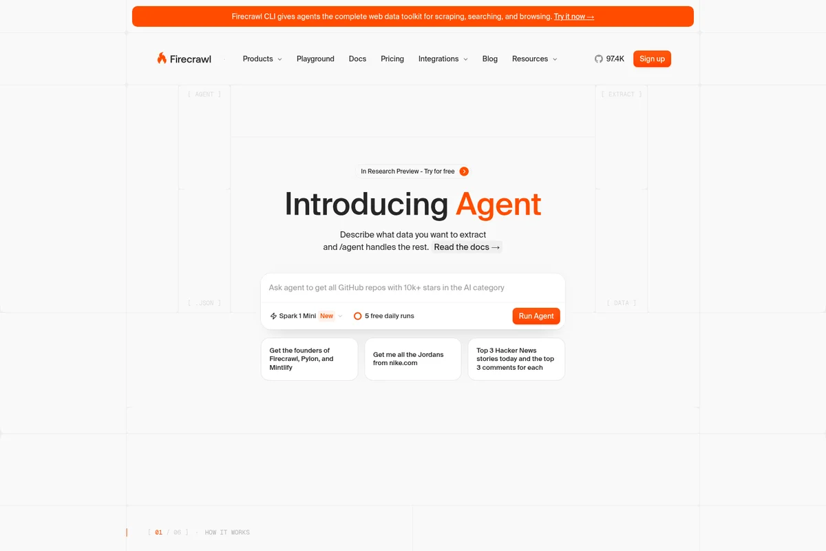Firecrawl feature deep-dive showing the 'Agent' prompt input and example queries in a clean, modern interface.