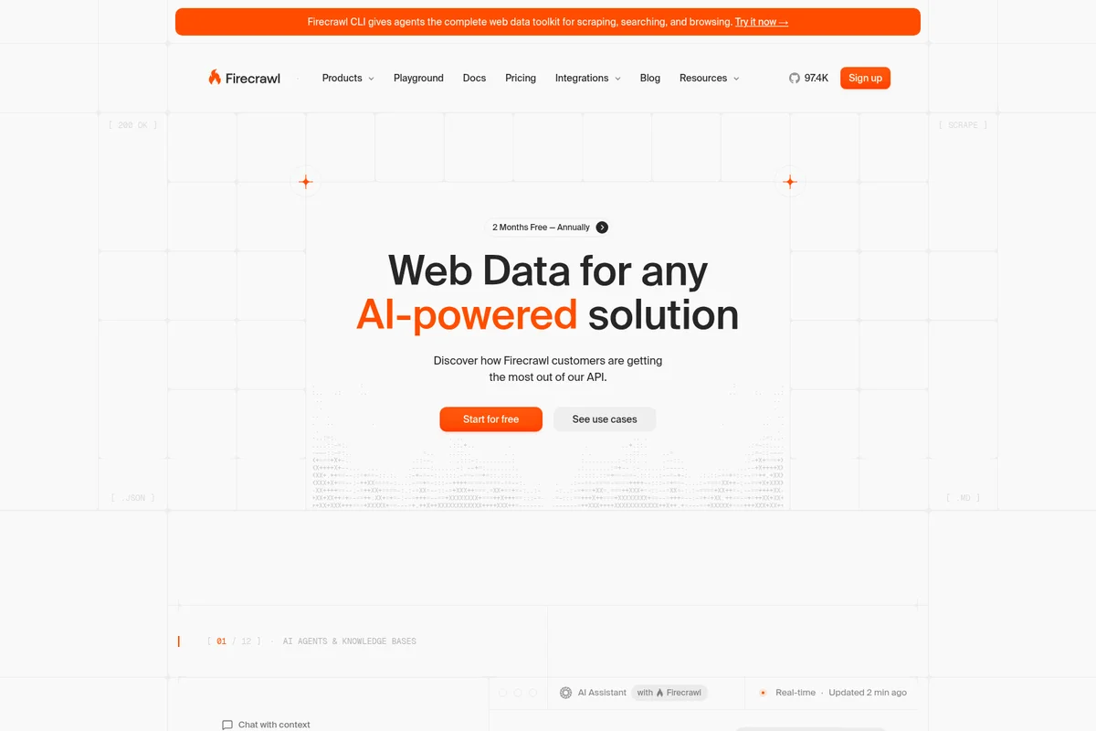 Firecrawl landing page hero promoting web data for AI solutions with a clean, modern interface.