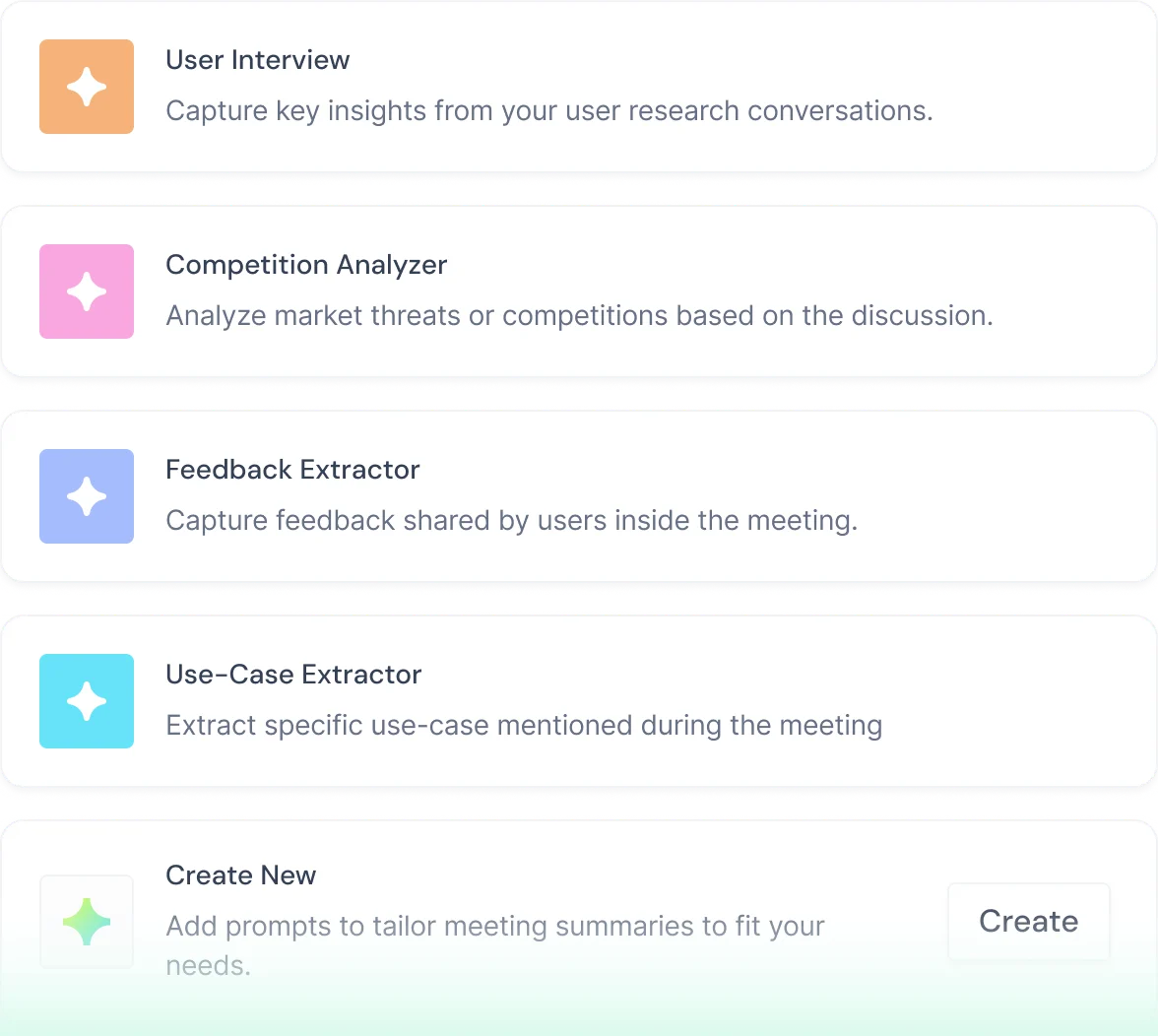 Fireflies.ai feature-deep-dive showing various AI extractors for meetings in a clean, light-themed interface.