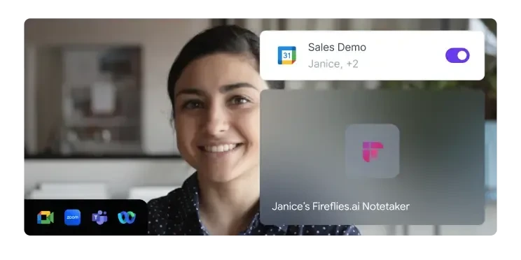 Fireflies.ai workspace showing the AI notetaker joining a video call with a modern translucent interface.