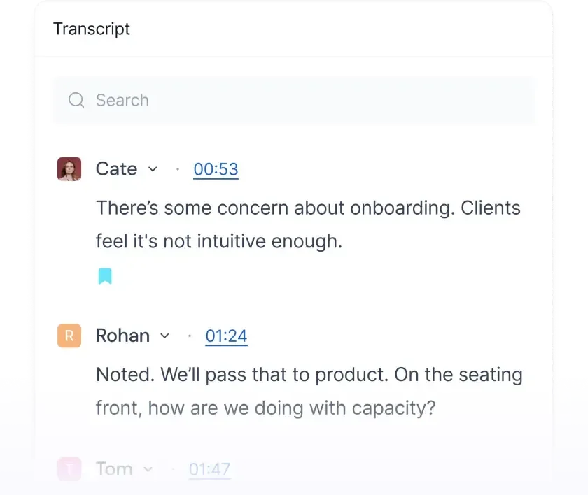 Fireflies AI workspace showing a meeting transcript with speaker identification and timestamps in a clean light interface.