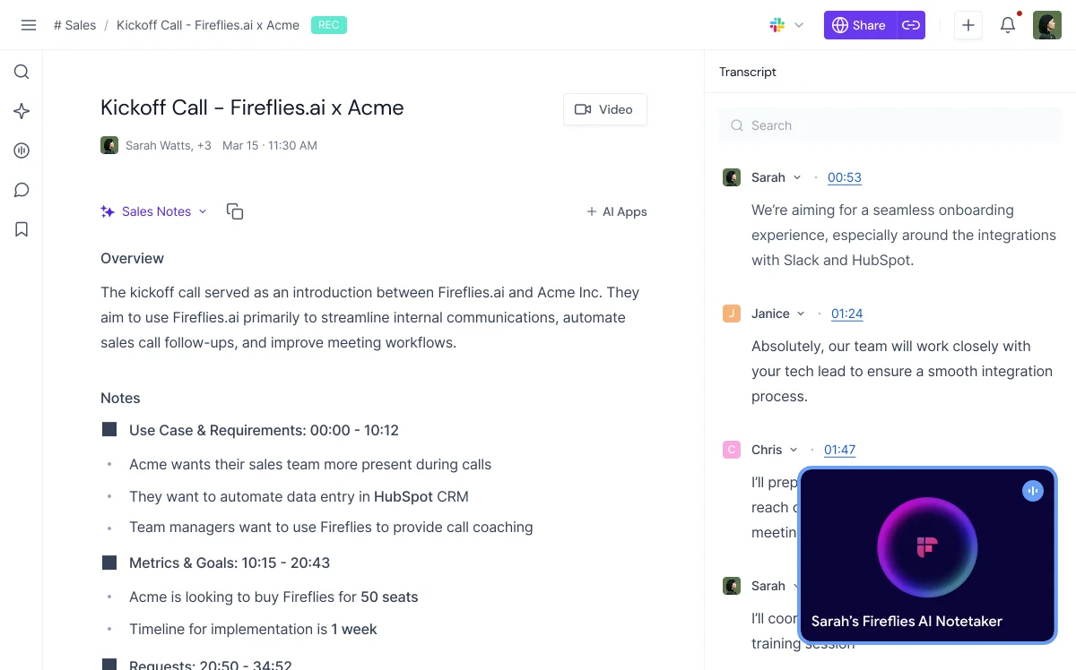 Fireflies.ai workspace showing AI-generated meeting notes and transcript with a clean, modern interface.
