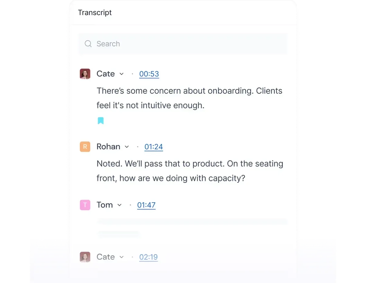 Fireflies.ai workspace showing an AI-generated meeting transcript with speaker identification and timestamps in a clean light theme.