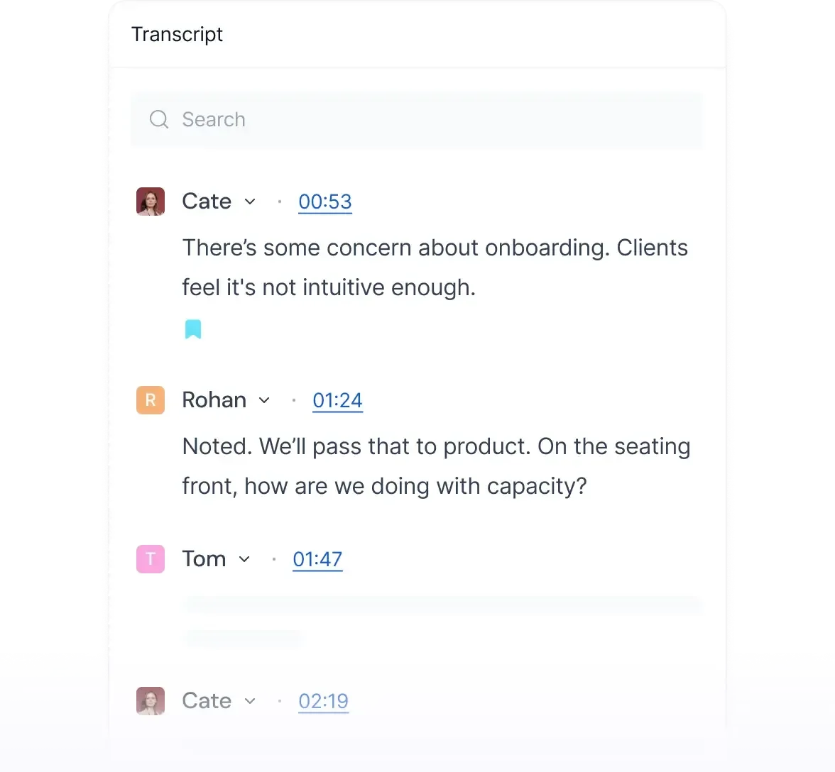 Fireflies.ai transcript workspace displaying a meeting conversation with speaker names, timestamps, and search functionality in a clean interface.